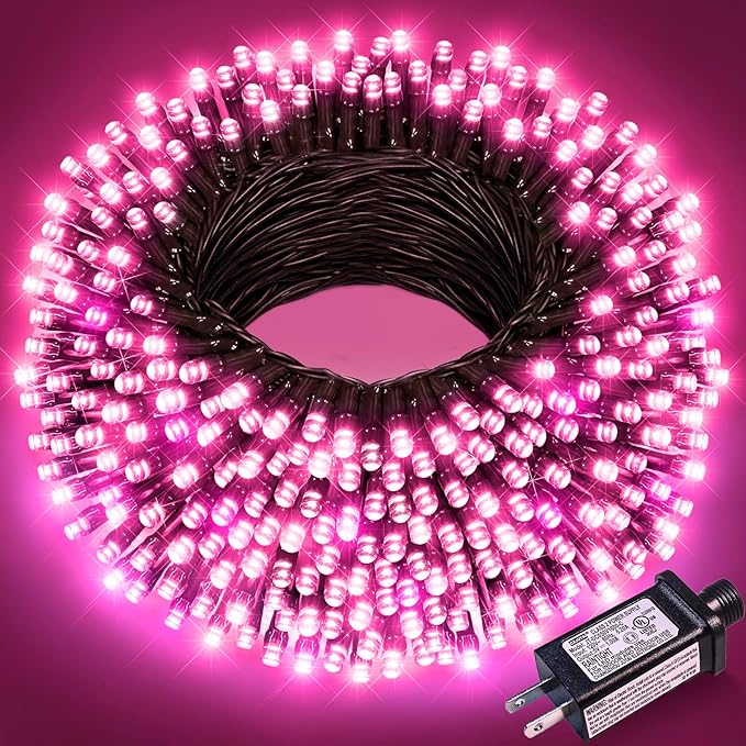 100FT 300 LED Christmas Lights Pink Outdoor String Lights with 8 Modes Waterproof Plug in Connectable String Twinkle Lights Green Wire for Indoor Patio Garden Love Party Decorations