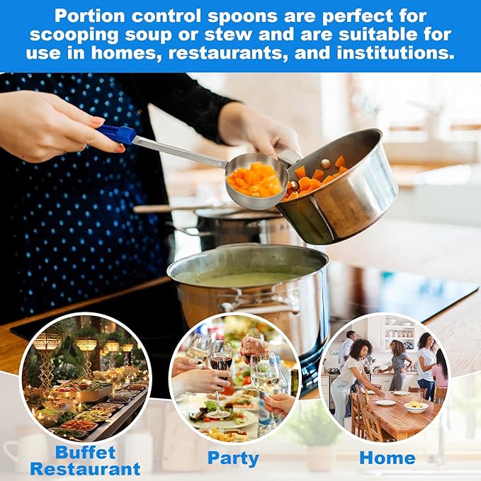 8 Pcs 8oz Portion Control Serving Spoons Unslotted Portion Scoops for Food with Blue Handle Stainless Steel Serving Utensils Set for Restaurant/Weight Loss/Baking