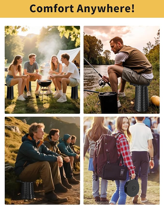 Upgraded Collapsible Stool with Detachable Cushion &amp Waterproof Bag - 400lbs Heavy Duty Portable Folding Stool for Adults Telescoping Camping Seat with Carrying Straps for Fishing Hiking Travel B