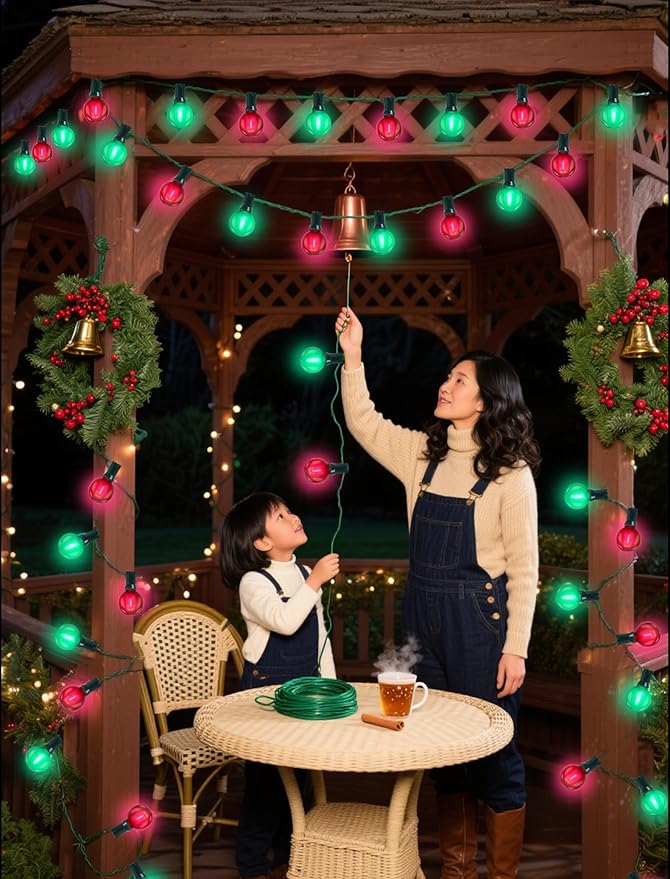 50FT G40 Christmas String Light Outdoor Frosted Red and Green LED Christmas Lights with 27 Shatterproof LED Bulbs(2 Spare) Waterproof Patio Lights for Holiday Party Backyard Xmas Decor