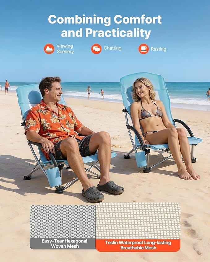 VEVOR Folding Beach Chair High Back Camping Chairs for Adults with Cup Pocket Mesh Back Carry Bag Portable Extra Wide Seat Chair 330 lbs Heavy Duty Support for Outdoor Camp Light Blue