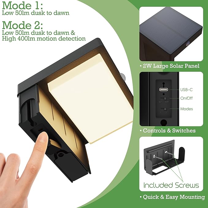 Square Solar Wall Lights - Solar Powered Wall Lamps - LED Lights - PIR Sensor &amp Two Lighting Modes - Rechargeable Battery Lasts Up to 55 Hours - 3000K - IP44 Weather Resistant - 2 Pack