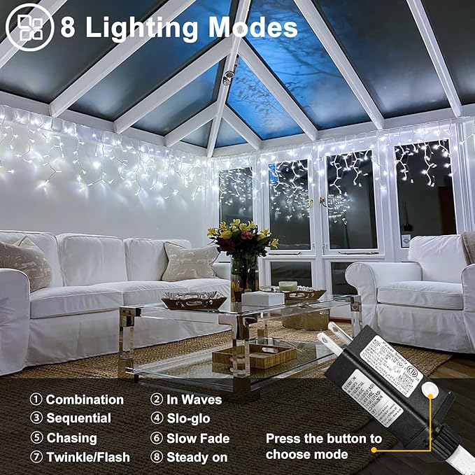 99ft 1216LED Icicle Lights for Outside White Christmas Lights for House Patio Yard Porch Backyard Holiday Garden Xmas Exterior Decoration Waterproof Twinkle Cluster Light Hanging Light All Year