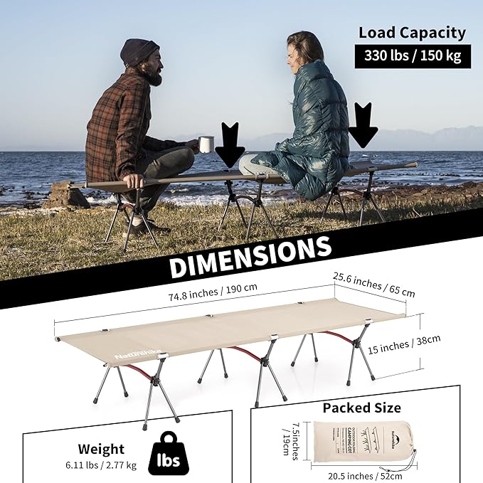 Naturehike ArmyWild Folding Camping Cot Height Adjustable Ultralight Backpacking Cot Portable Camping Bed for Camping Hiking Travel Home