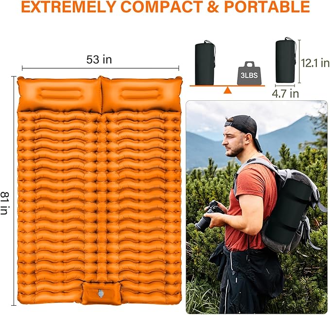 Double Sleeping Pad for Camping 4 Extra Thick Self-Inflating Air Mattress - 2 Person Inflatable Camping Mat with Built-in Foot Pump &amp Pillow Backpacking Hiking Tent Travel-Orange