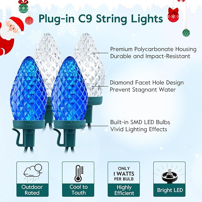 Brightown C9 LED Christmas Lights Outdoor 66 ft 100 LED Strawberry String Lights Waterproof Commercial Grade Extendable for Outside Roofline Patio Home Xmas Decoration Blue and White
