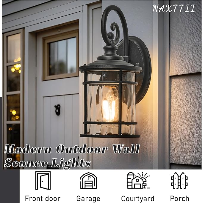 Outdoor Wall Lamps Exterior Waterproof Wall Sconce Light Fixture with Water Ripple Glass Die-Casting Aluminum Black Waterproof Wall Mount Light for Porch Garage Yards