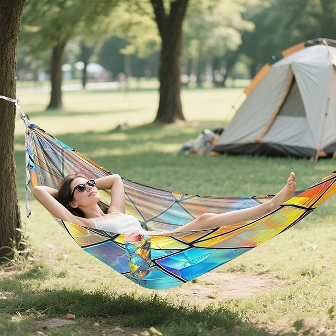 YETTASBIN Iridescent Triangles Camping Hammock - 330lbs Lightweight &amp Portable Single or Double Hammock with Tree Straps &amp Carry Bag for Indoor Outdoor Hiking Backpacking Travel Backyard Beach