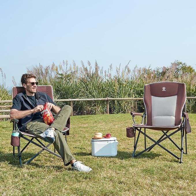 EVER ADVANCED Oversized Folding Camping Chair for Adults Heavy Duty Lawn Chair with Side Pockets Portable Collapsible Quad Chair for Outside Support Up to 500lbs Red 2Pack