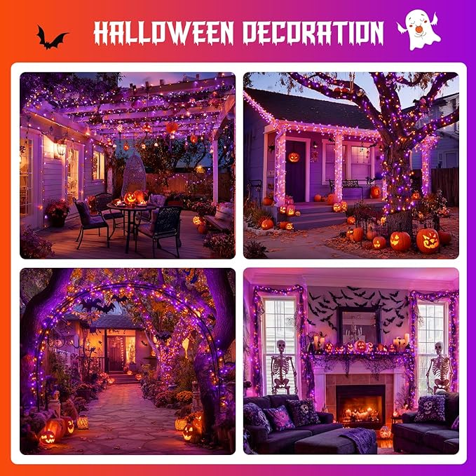JMEXSUSS Orange and Purple Halloween Lights Battery Operated Each 33 FT Indoor Halloween Lights Outdoor Waterproof 2 Pack 100 LED Christmas Light for Christmas Tree Decor
