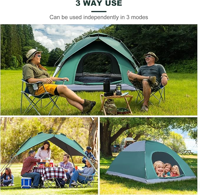 3-in-1 Instant Pop Up Tents for Camping 2/4/6 Person Camping Tent60s Automatic Quick Easy Setup Tent Waterproof Stand Up Family Tents for CampingOutdoor HikingBeach