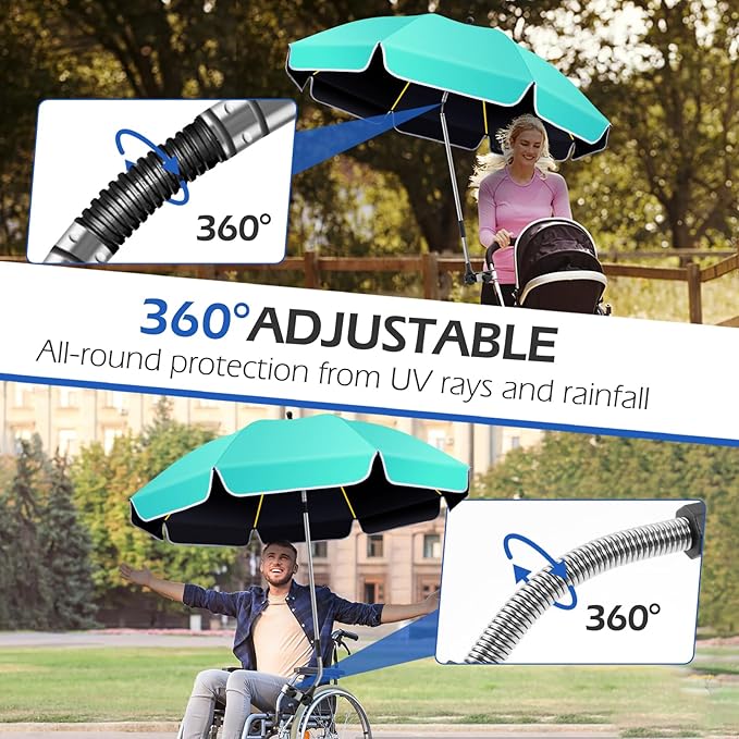 48.8 inch Large Beach Umbrella with Clamp Sun Shade for Beach Chair 360°Adjustable UV Protection Golf Umbrella with Clip for Outdoor Patio Stroller Wheelchair