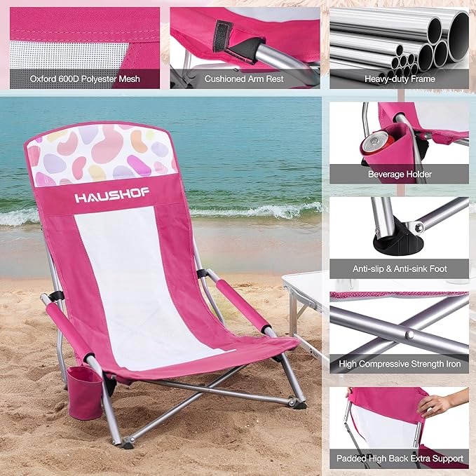 HAUSHOF High Back Beach Chair Mesh Back Folding Chair Lightweight Low Seat Camping Chairs with Cup Holder Carry Bag Padded Armrest for Outdoor Beach Lawn Camping Picnic Festival
