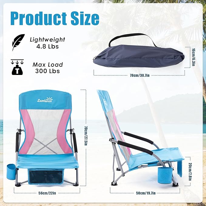 Lamberia Folding Beach Chair for Adults Portable Low Beach Chairs with 300lbs Capacity Lightweight Fodable Camping Chair for Travel Picnic Concert &amp Outdoor Activities Blue-Pink