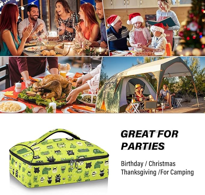 Casserole Carrier Green DinosaursInsulated Casserole Carrier for Hot or Cold Food Thermal Lunch Tote for Potluck Parties Picnic Beach Fits 9 x 13 Inches Baking Dish