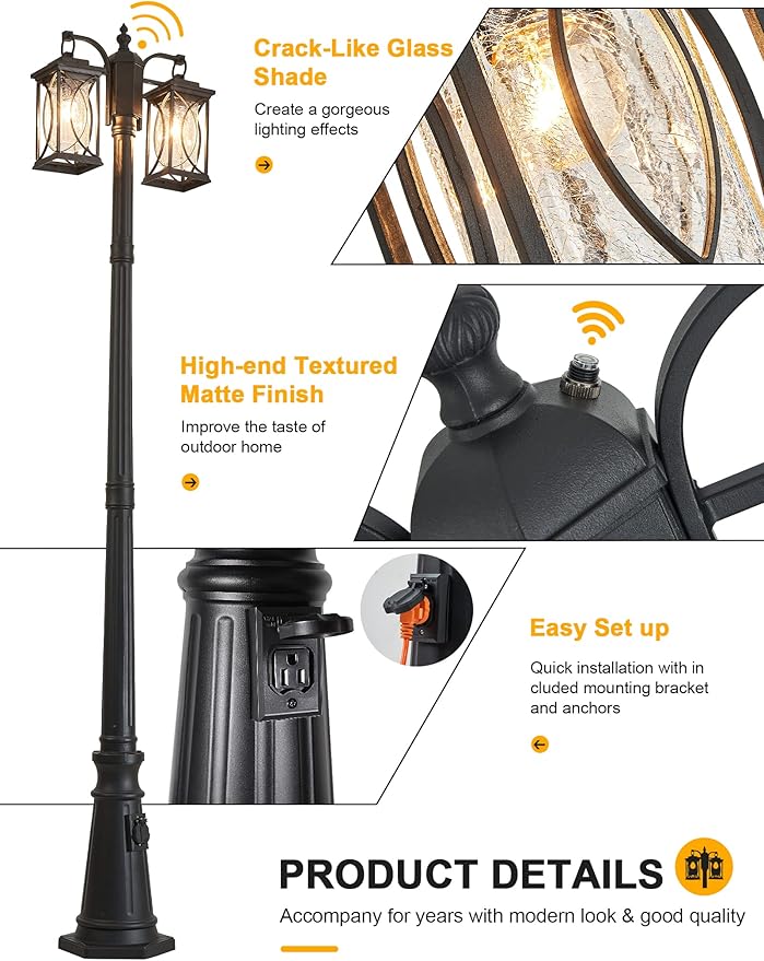 Dusk to Dawn Outdoor Lamp Post Light Modern 2-Head Street Pole Light Fixtures with Outlet Waterproof Black Outside Street Light Electric Lantern for Backyard Garden Patio Driveway