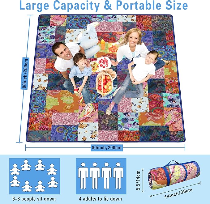Extra Large Picnic Blankets Waterproof Foldable (80 x 80) Beach Blanket Waterproof Sandproof3-Layer Thicking Mat Outdoor Packable Camping Blanket