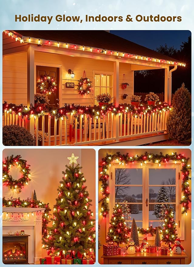 C9 LED Christmas Lights Outdoor 66 Feet 100 LED C9 String Light with 100 Spring Clips Waterproof Connectable Christmas Tree Lights for Outside Roofline Patio Home Xmas Decor Red &amp Warm White