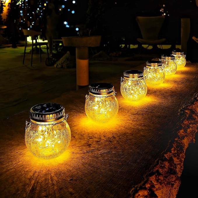 Cooo 6 Pack Crackle Glass Solar Lantern with 30 LED Firefly Lights– Waterproof Outdoor Hanging Lamp 215% Larger Solar Panel Anti-Rust Lids Decorative Lighting for Garden Patio Christmas Decorations