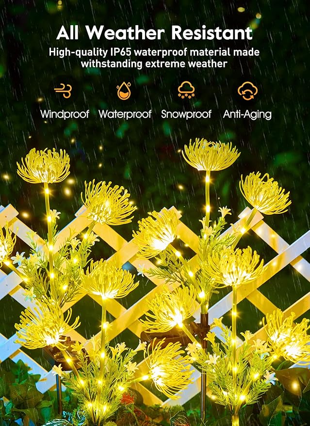 Brightown Outdoor Solar Garden Lights - 4 Pack LED Solar Flower Lights with Glowing Flowers &amp Stems More Realistic Bigger Solar Panel Waterproof Solar Lights for Outside Yard Patio Home Yellow