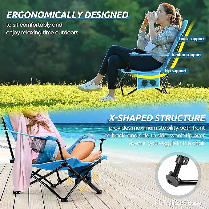 HaSteeL Folding Beach Chair Set of 3 Foldable Blue Camping Chairs &amp Grey Table for Outside Low Beach Chair Portable for Adults Fishing Picnic Outdoor BBQ Travel Sports Cup Holder &amp Stor