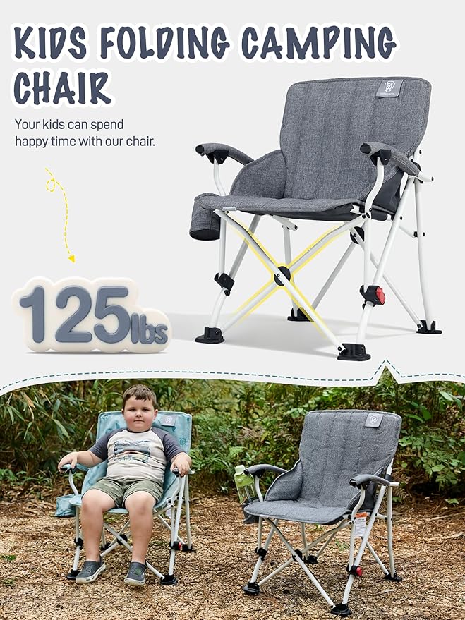EVER ADVANCED Kids Camping Chairs with Cup Holder Padded Folding Camping Chair Outdoor with Safety Lock Carry Bag Lightweight Portable Camp Chairs for Beach Balcony Patio Supports 150lbs Grey