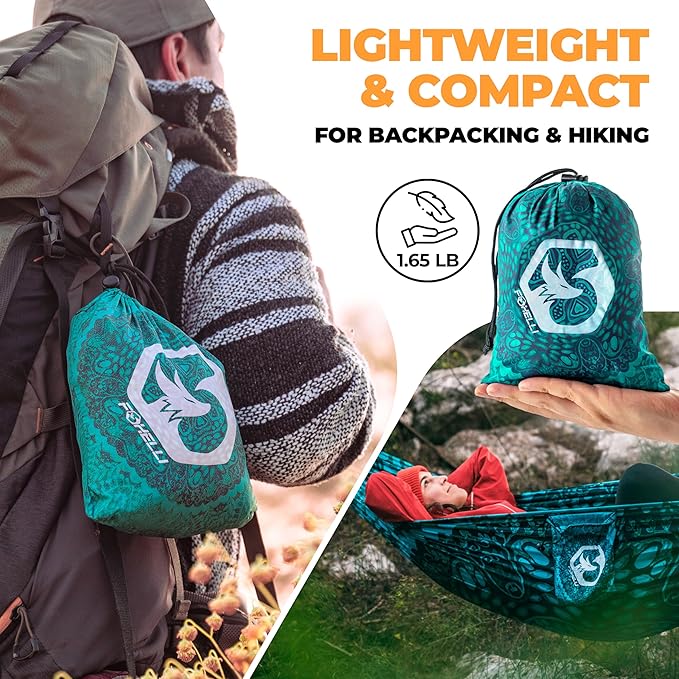 Foxelli Camping Hammock – Ultralight Hammock for Backpacking Hiking Festivals Travel - Easy Setup with Tree-Friendly Ropes &amp Steel Carabiners Heavy Duty Parachute Nylon