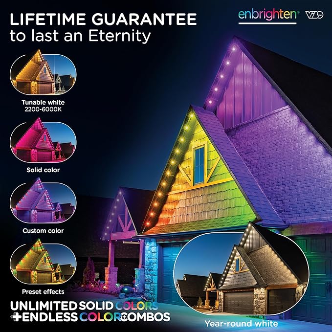 Enbrighten Vibe Eternity Permanent Outdoor Lights for House 100 Feet 72 RGBWIC LEDs Close Spacing 33lm Color Changing Christmas Eave Lighting Smart App Works with Alexa Google Home 81103
