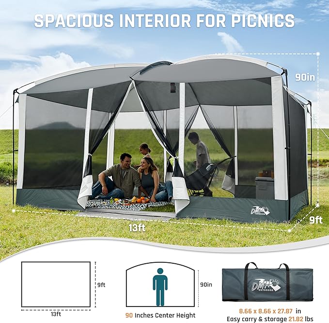 Screen House Tent 13x9ft Screen Room Mesh Gazebos w/ 2 Magnetic Doors Included Projection Screen Camping Tent Screened Canopy Shelter for Outdoor Patios Backyards Activities (Gray)