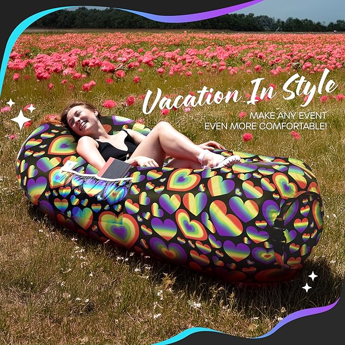 Nevlers Rainbow Heart Inflatable Lounger Air Sofa | 210T Polyester Inflatable Couch | No-Pump Air Couch | Inflatable Sofa w/ 450lbs. Cap. Pockets &amp Matching Bag | Use as Camp Chairs for Adults &a