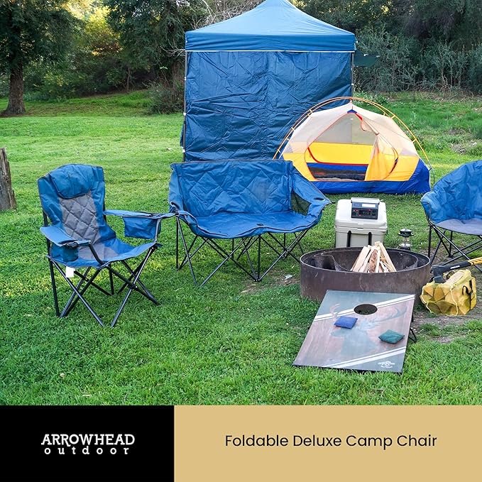 ARROWHEAD OUTDOOR 2-Pack Portable Deluxe Folding Camp Quad Chair w/Headrest Glass &amp Cup Holders Armest 6-can Cooler Heavy Duty Carry Bag 550 lbs Weight Capacity
