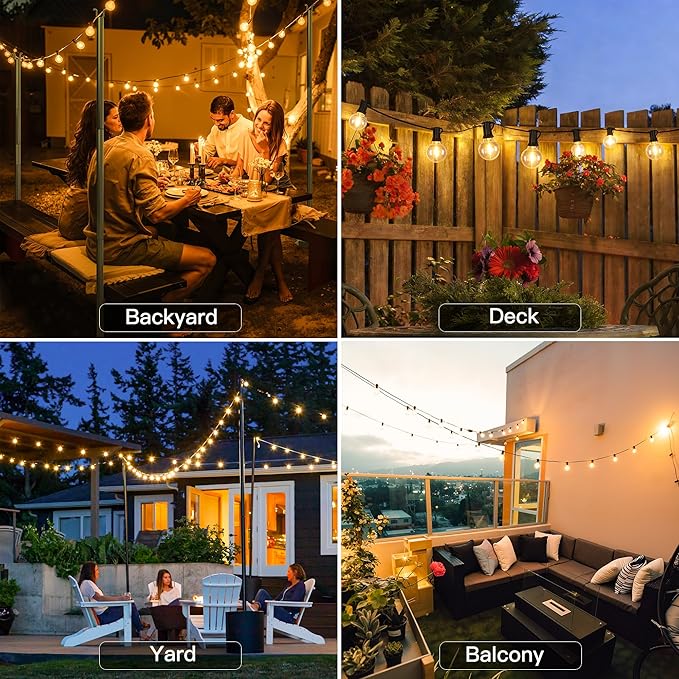 Outdoor String Lights with Remote Dimmer 50 + 3 Spare G40 LED Bulbs Plug in Connectable Patio Lights Waterproof Hanging Lights for Backyard Camping Balcony Yard Deck Party(100FT)