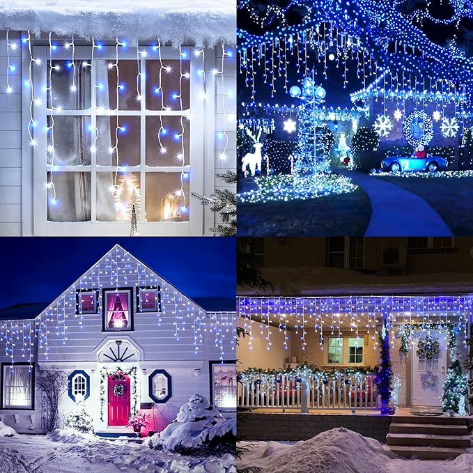 Toodour White &amp Blue Christmas Icicle Lights 29.5ft 360 LED Icicle Lights 8 Modes 60 Drops Window Curtain Led Christmas Light Icicle Twinkle Light for Eaves Party Wedding Xmas Decorations
