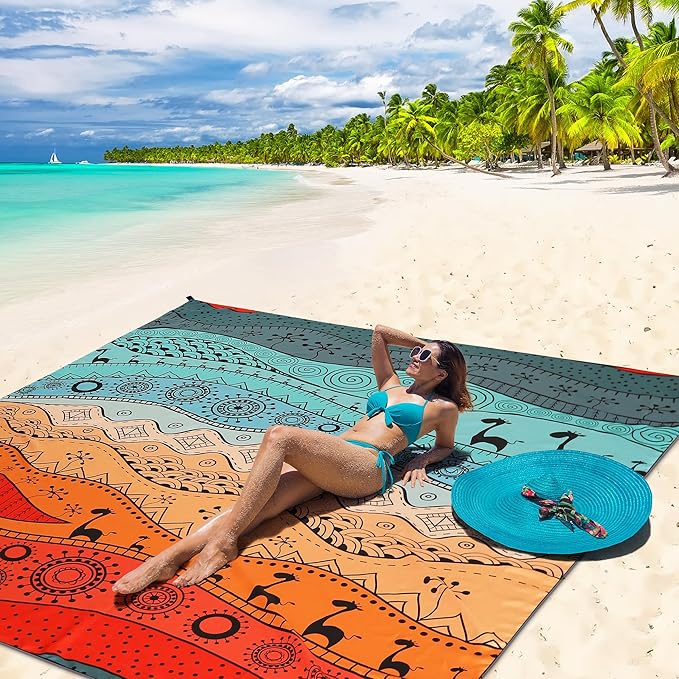 Beach Blanket Waterproof Sandproof Extra Large Beach Mat 79 X 83/120x108for 1-8 Adults Quick Drying Durable Outdoor Picnic Mat for Beach Travel Camping Hiking