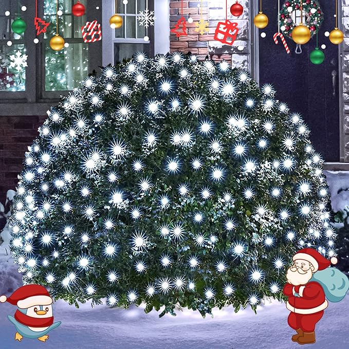 JMEXSUSS 360 LED Net Christmas Lights Outdoor Waterproof Connectable 12ft x 5ft Net Lights Outdoor Mesh Light with Remote 8 Modes Plug in White Christmas Light for Bushes Christmas Decorations