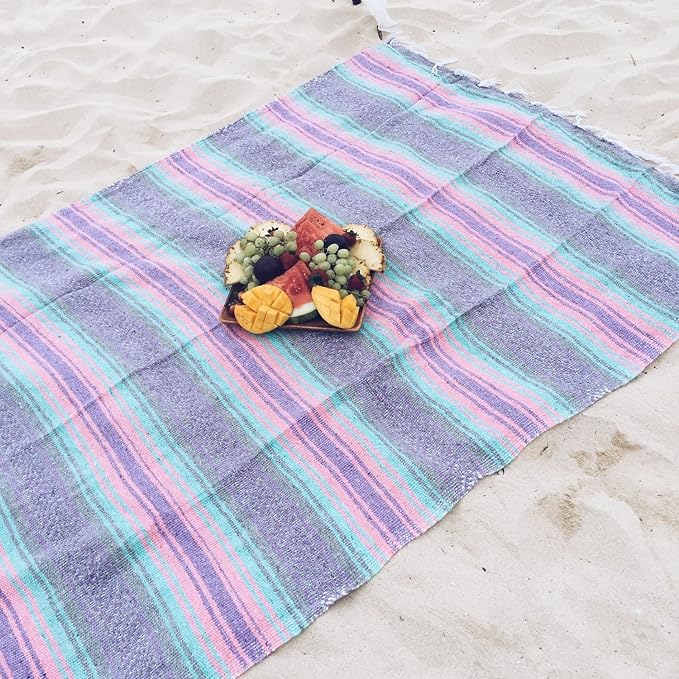 Del Mex Classic Mexican Blanket Large Authentic Woven Falsa Throw (70x50) Artisan Southwest Décor for Beach Yoga Outdoors (Mint/Pink/Gray)