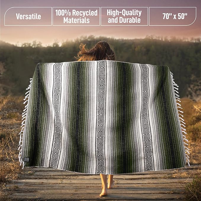 Hydration Nation Authentic Extra Large Mexican Blanket - 70x50 Handwoven Yoga Serape Artisanal Falsa - Camping Picnic Outdoor (Military Green)