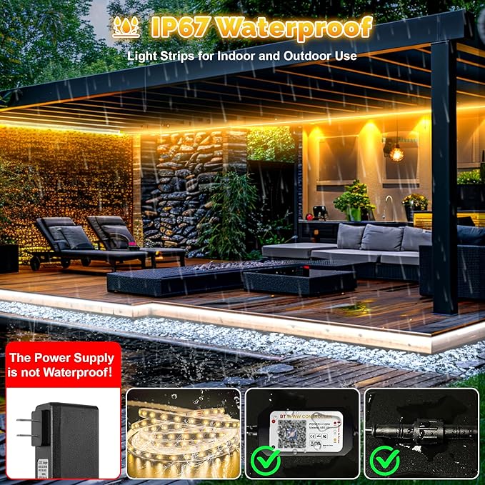 100FT Outdoor LED Strip Lights Waterproof IP67 Dimmable 3000K-6500K Warm White LED Rope Lights Outdoor Waterproof with Remote &amp APP 24v Adhesive Exterior Lighting for Patio Deck Gazebo