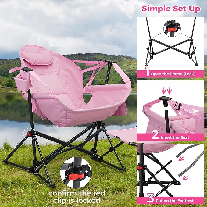 Ainfox Hammock Chair with Footrest Oversized Swinging Portable Folding Camping Chairs for Adults Outside Swinging Camp with Cup Holder Pillow for Outdoor Patio Lawn Pink
