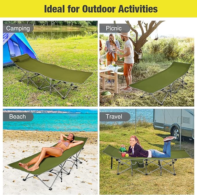 Goplus Folding Camping Cot Sleeping Cot for Adults with Carry Bag Weight Capacity Slanted Head Side Pocket Heavy Duty Portable Camping Bed for Kids Beach Office Snap (Army Green)