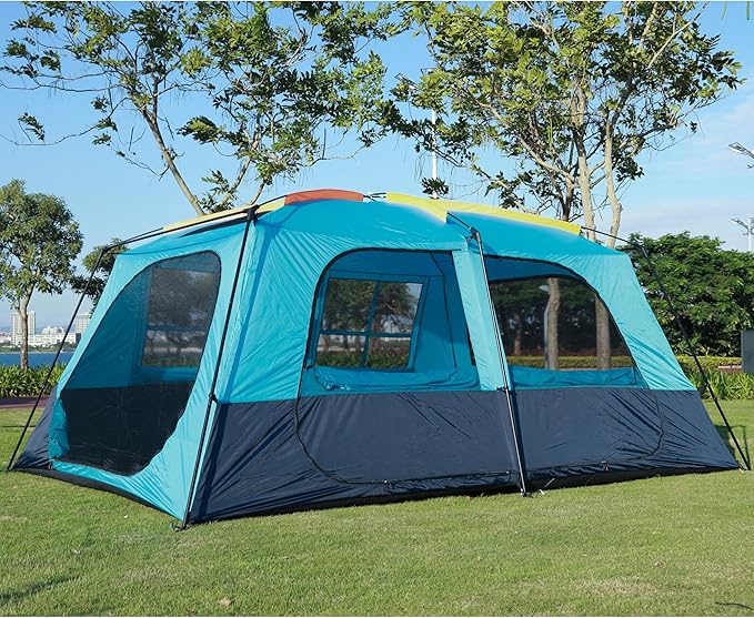 KTT Extra Large Tent 12 PersonFamily Cabin TentsAwning2 Rooms4 Doors and 4 Windows with MeshStraight WallWaterproofDouble LayerBig Tent for OutdoorPicnicCampingFamily Gathering