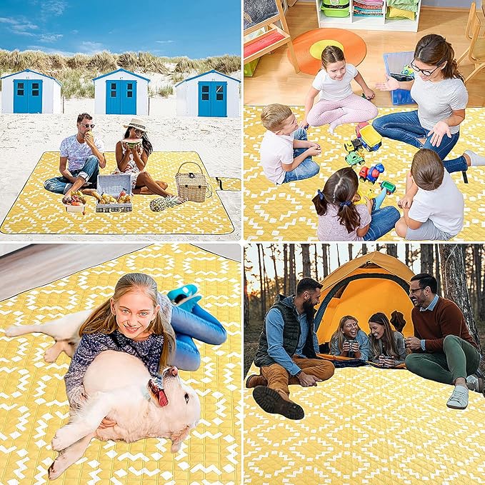 Waterproof Sandproof Travel Blanket Large Yellow Picnic Mat for 2-4 Adults Lightweight Beach Blankets with Carry Strap Foldable Outdoor Blankets for Camping Grass Park