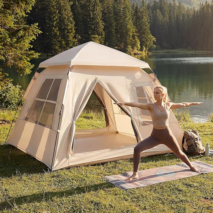 Tangkula 4 Person Camping Tent Instant Pop-Up Cabin Tent with Removable Rainfly Mesh Windows &amp Dual Doors Carrying Bag Portable Outdoor Family Shelter for Picnic Backpacking Traveling
