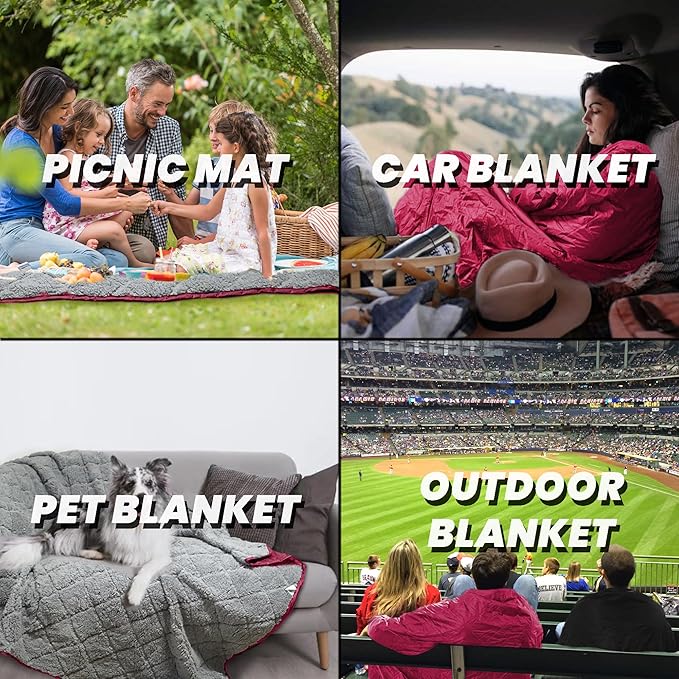 Waterproof Outdoor Blanket 82”X 55” Packable Stadium Blankets for Camping with Sherpa Fleece Lining Large Windproof Emergency Throw Mat for Garss Picnic Hiking Road Trip Machine Washable Wine