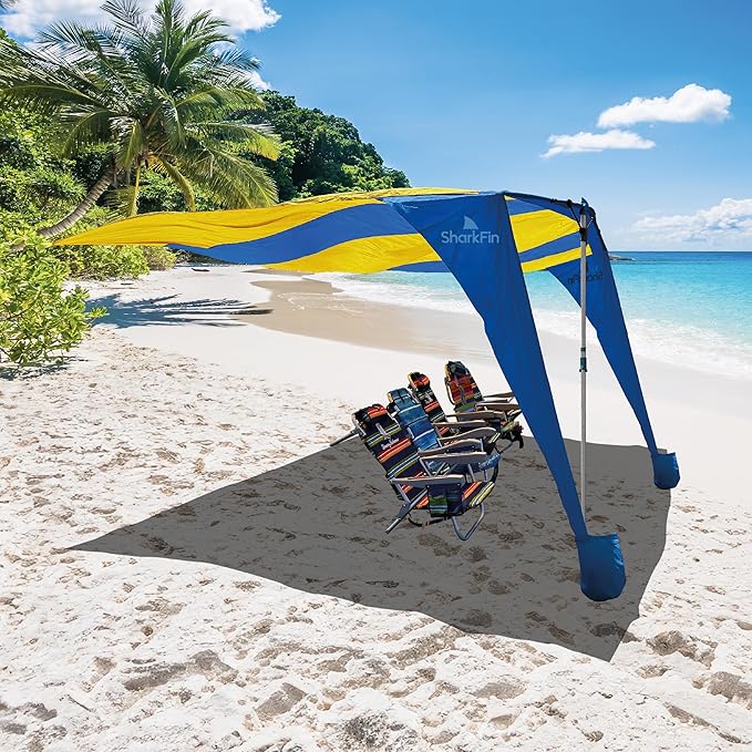 Shark FIN Shade Beach Tent Wind Sun Canopy Portable Easy Set Up UPF 50+ No Assembly Required 3-30 MPH - 1 to 8 People - Tie Downs Included - 2 Sizes Large 9' X 10' &amp Giant 13.5' X 10' PATENTS Pend