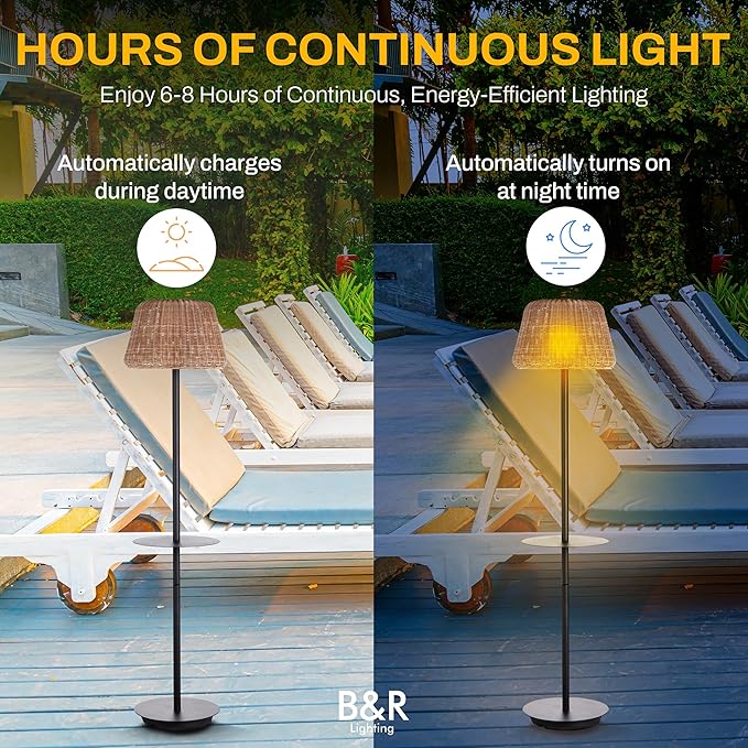 B&ampR Lighting Solar Outdoor Floor Lamp with Table - Cordless Outdoor Floor Lamp - Patio Porch Garden - Rattan Wicker Lights for Outside - Waterproof Rechargeable Weatherproof