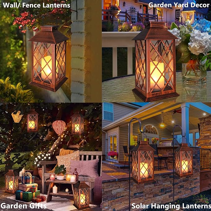 [2 Pack] TAKE ME 14 Solar Lantern Outdoor Garden Hanging Lantern Waterproof LED Flickering Flameless Candle Mission Lights for TableOutdoorChristmas Gifts Mom Wife