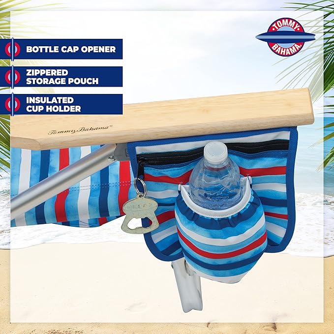 Tommy Bahama 5-Position Classic Lay Flat Folding Backpack Beach Chair Aluminum Red White and Blue Stripe