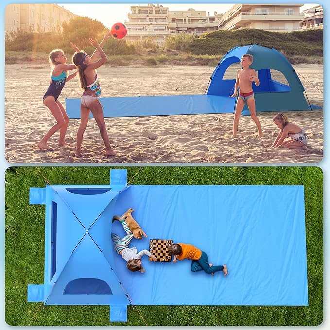 Beach Tent Sun Shelter with Extended Sand Mat 114×82inchUPF 50+ Protection 3 Double-Layer Windows for Enhanced Privacy Portable Beach Shade 3-4 People. Windproof and Waterproof