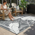 HUGEAR 5'x8' Outdoor Rug Waterproof Plastic Straw Rugs Grey Reversible Olive Leaf Mat Floor Carpet for Camping RV Deck Entryance Porch Picnic Balcony Beach Backyard